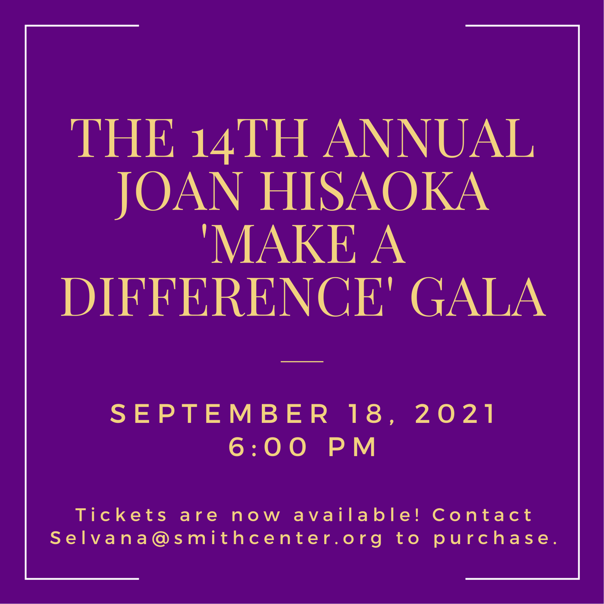 Joan Hisaoka Gallery (@hisaokaarts) on Twitter photo The 14th Annual Joan Hisaoka Make A Difference Virtual Gala is coming up soon on Saturday, September 18, 2021!
Individual and group tickets, as well as, sponsorships can be purchased by contacting Selvana@smithcenter.org.
smithcenter.org/2021/2021-gala… The 14th Annual Joan Hisaoka Make A Difference Virtual Gala is coming up soon on Saturday, September 18, 2021!
Individual and group tickets, as well as, sponsorships can be purchased by contacting Selvana@smithcenter.org.
smithcenter.org/2021/2021-gala…