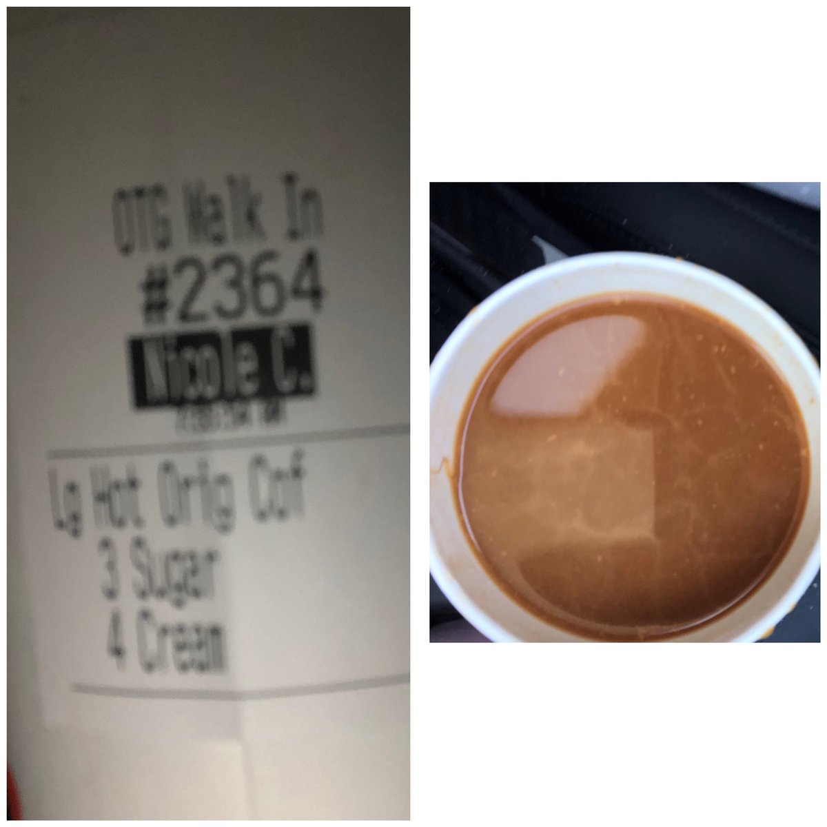 NicoleCoqueran's tweet photo. @dunkindonuts morning coffee was not up to par. Definitely not 4 creams. Bottom of the pot, burnt, and gross. #dunkin #dunkindonuts #disappointed https://t.co/gyMgexWEhr