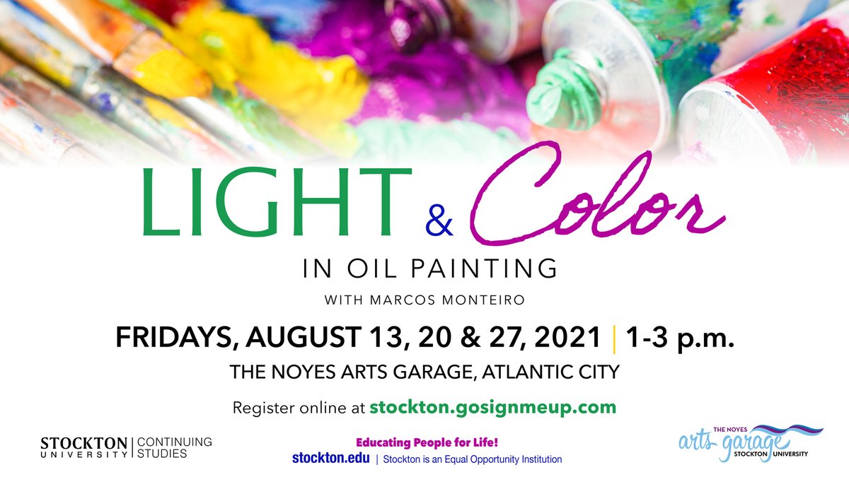 Stockton_CS's tweet photo. The Light &amp; Color in Oil Painting Series will run August 13-27 from 1-3pm @ArtsGarageAC.  Parking is free and registration discounts are available. See more info at: https://t.co/YQUKtgmXb9 @NoyesMuseum @Stockton_edu @StocktonARHU #EducatingPeopleForLife https://t.co/hgtQOQkIU7