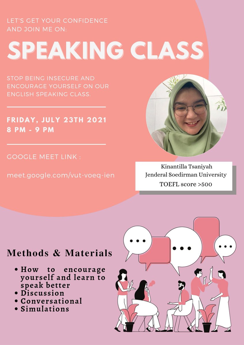 elisabetguwanto's tweet photo. Speaking class β 23 Juli 2021
Tutor: Kinan
Google meet: vut-voeq-ien
speak fluently in english is all fun and all you need was just some determination and practices!
what are you waiting for?
join me on our speaking class and get along with the euphoria! π₯³
#MakeEnglishEasy https://t.co/H61gWbrpNq