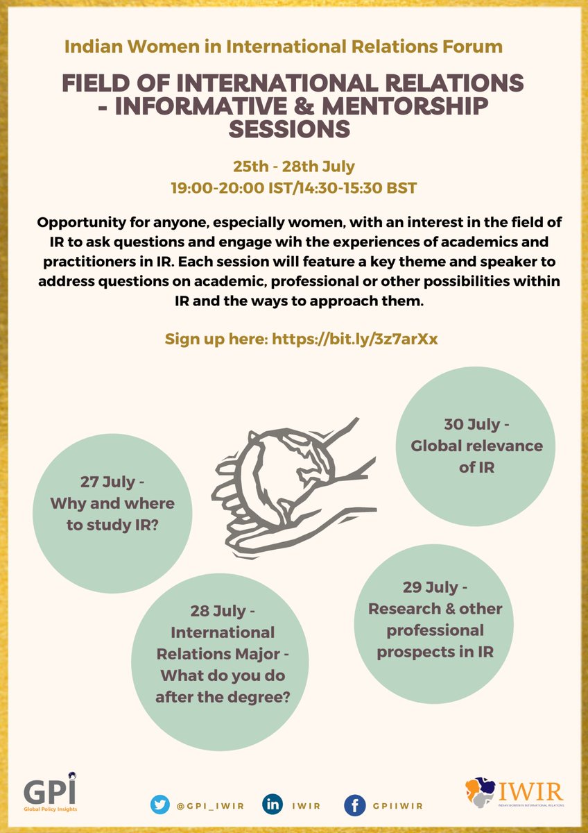 Join us for 4-day series of Informative and Mentorship Sessions in the field of International Relations. Each day will feature a specific theme and leading IR professionals as speakers.

Ask your questions and Register at: bit.ly/3z7arXx
@nehadewan96 @arpitchtr