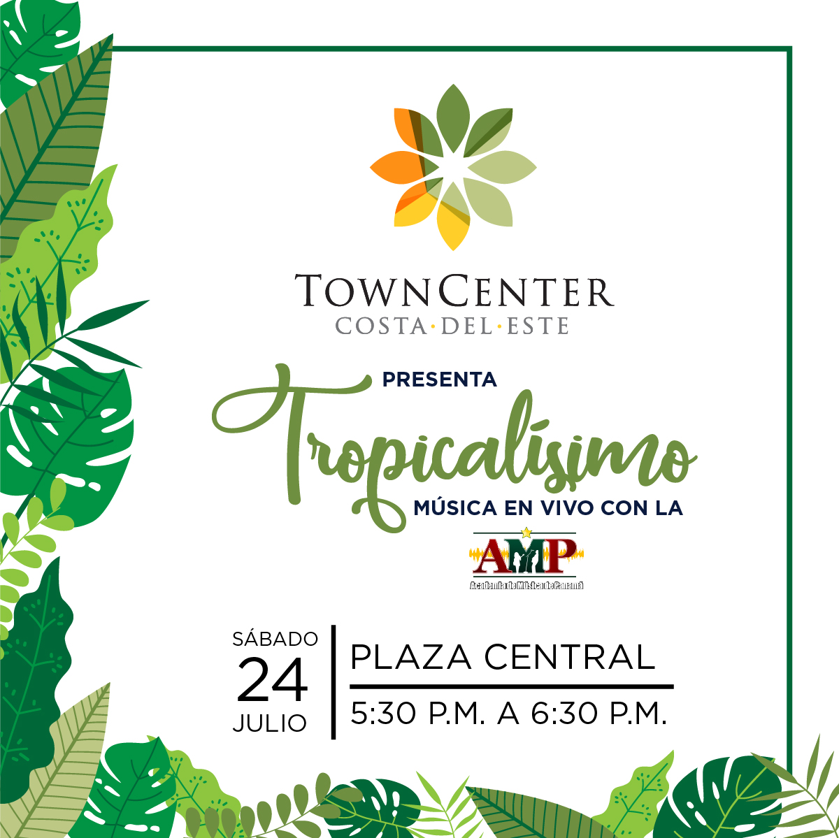 Este sábado 24 de julio:  ¡Tropicalísimo! 🧡🌴 Música en vivo en nuestra Plaza Central con los chicos de la <a href="/AMPanama/">AMPanama</a> 

De 5:30 p.m. a 6:30 p.m., totalmente gratis.
​
#TownCenterCDE #LiveMusic #AcademiaDeMusicaDePanama #AMP #Panamá