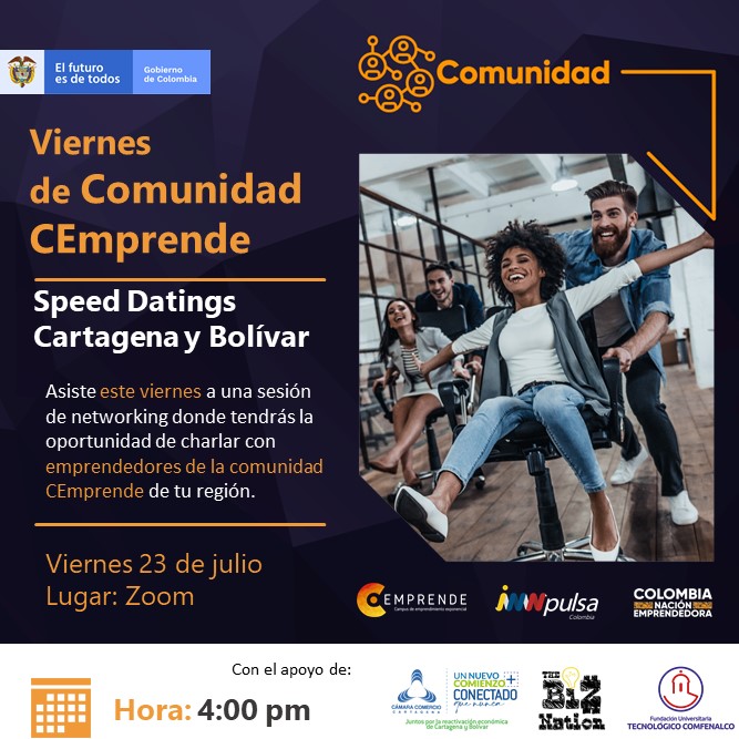 InnpulsaCol's tweet photo. #Bolívar | Participa este viernes 23/07 del #SpeedDatings. Generaremos un espacio de Networking entre emprendedores donde podrás compartir y presentar tu empresa para generar conversaciones 1 a 1 con los demás participantes.

Inscríbete aquí: https://t.co/pD5ZbT7NKe
#CEmprende https://t.co/VqAj2BdxRr