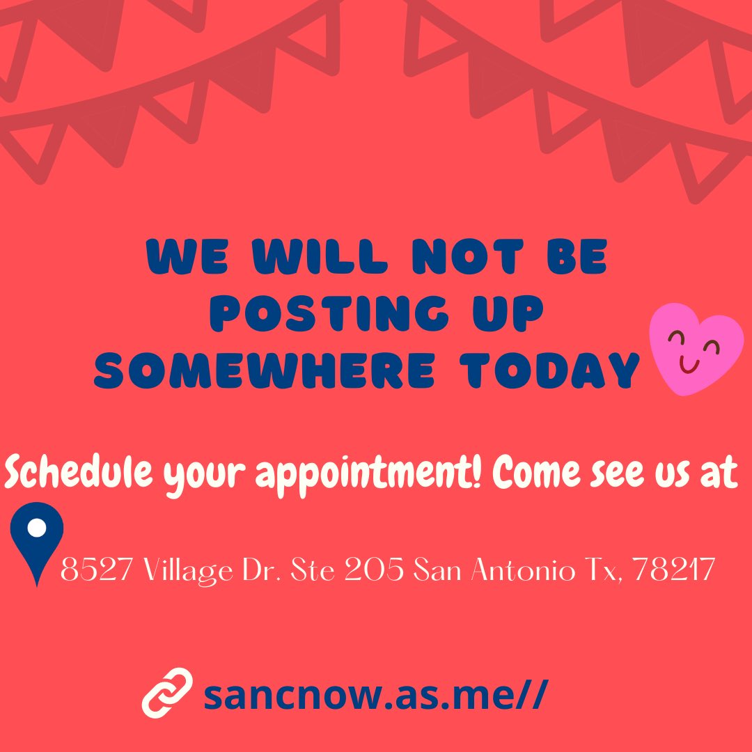 SANC210's tweet photo. We will not be posting up today, you can still schedule an appointment! Available appointments start at 7 PM ✨ https://t.co/2UMfimcjtR