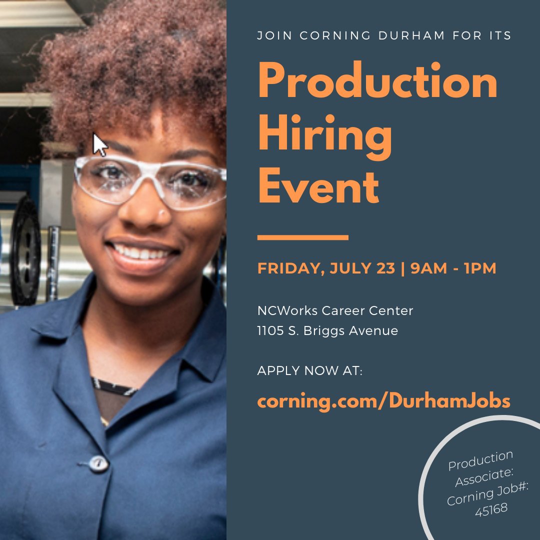 HAPPENING TOMORROW... <a href="/CorningLifeSci/">Corning Life Sciences</a> Production Associate Hiring Event! 9am to 1pm. $19/hour. Apply in advance corning.com/DurhamJobs then interview tomorrow <a href="/NCWorksDRM/">NCWorks Durham</a> #NowHiring