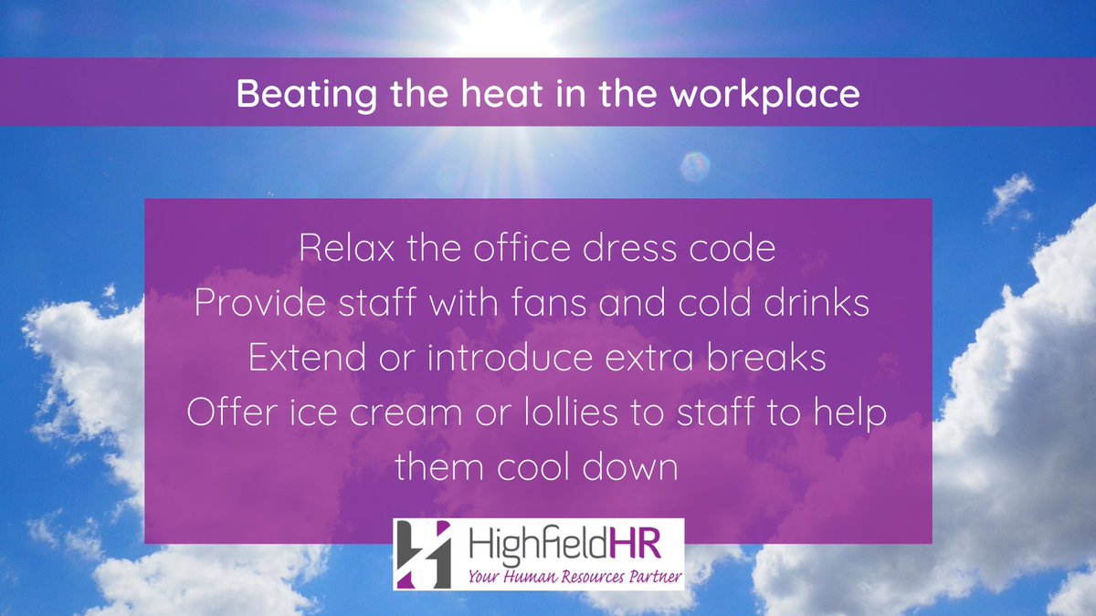 With temperatures soaring across the UK at the moment, here are some of our top tips to keep your employees cool and happy in the workplace during the heatwave🌞 

#HRtips #HR #HRadvice #HRsupport #HRmanagement
