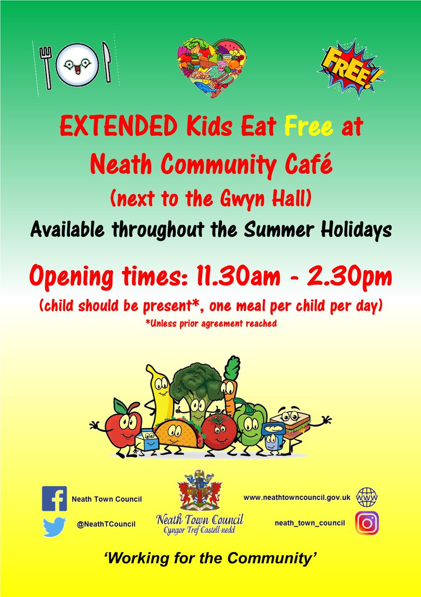NeathTCouncil's tweet photo. βΌοΈ Please Share βΌοΈ
The Kids Eat FREE Meal programme will be available throughout the Summer Holidays - Monday to Friday at NTC Cafe β¬ ππππ₯ͺπππ₯
#NeathTogether #Community #Free #NeathTownCentre #Neath https://t.co/kjohFNStGI