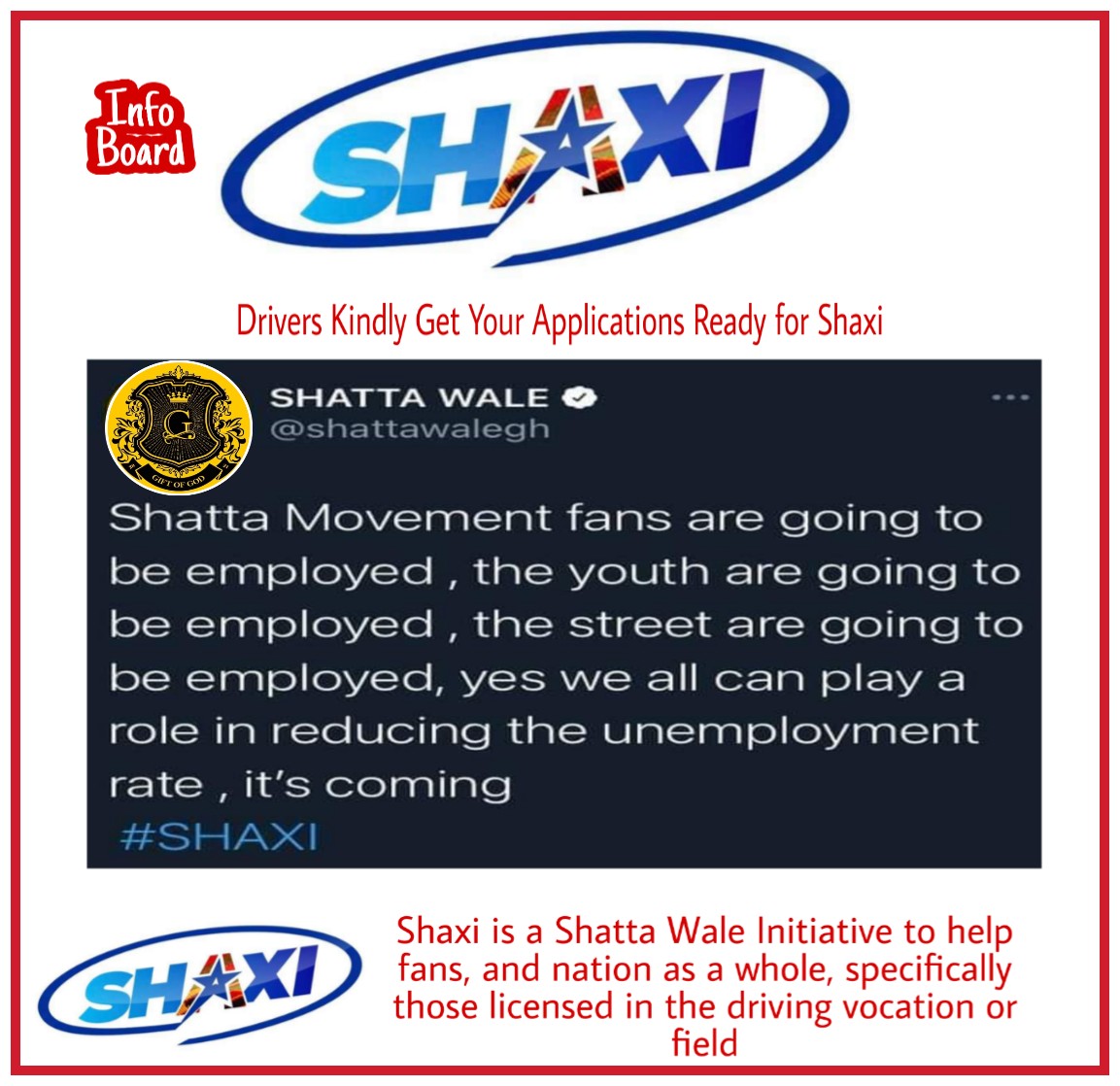sm2daworld's tweet photo. Great News for Fans who are Drivers, please get your Applications Ready for #Shaxi
It is a Proud @shattawalegh initiative to help fans and nation as a whole, specifically those licensed to the driving vocation and field.
#Shaxi4TheYouth
https://t.co/DZltOWIuG3
#InfoBoard https://t.co/eVea3pNTBa