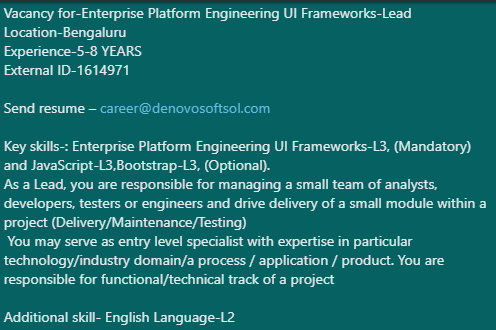 denovosoftsol's tweet photo. #denovojobs #denovo
Vacancy for-Enterprise Platform Engineering UI Frameworks-Lead
Location-Bengaluru
Experience-5-8 YEARS
External ID-1614971
Send resume – career@denovosoftsol.com
#enterpriseplatform #engineeringframework #uiframework #java #javascript #dataanalyst #developer https://t.co/veWmyEuu2d