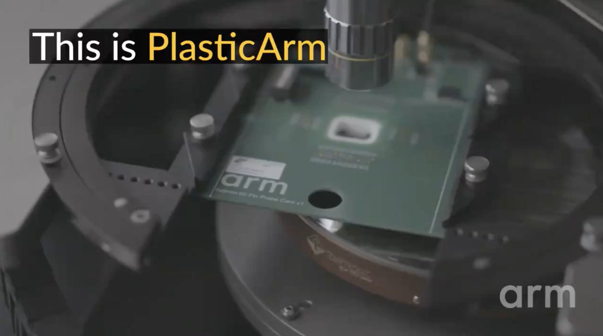aschilling's tweet photo. #PlasticArm – Not a CMOS process, but IGZO TFT to make it more „flexible“

- FlexIC 800 nm on a polyimide wafer
- bretty large 7,856 x 7,536 mm Cortex M0+ (59,2 mm²)
- 20-29 kHz
- 21 mW
- under 30 µm thickness

https://t.co/dAC2BN0MWf https://t.co/woAbRKYb57