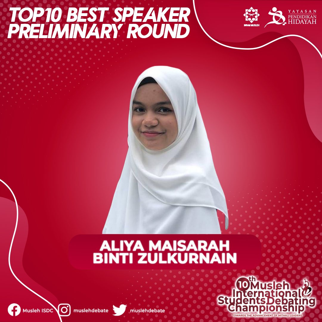 muslehdebate's tweet photo. These are the best top 10 speakers for preliminary round 🎊

Tied 1st:
1️⃣ Aliya Maisarah binti Zulkurnain (SMIH A)
1️⃣ Iyad Thaqif bin Khairudin (STAR)

Tied 3rd:
3️⃣ Muhammad Adam bin Kamarul Zaman (SDAR)
3️⃣ Intan Dalilah binti Mohamed Ashraf (BASIS)

#MISDCX #MISDC2021 https://t.co/cn05emYmlU