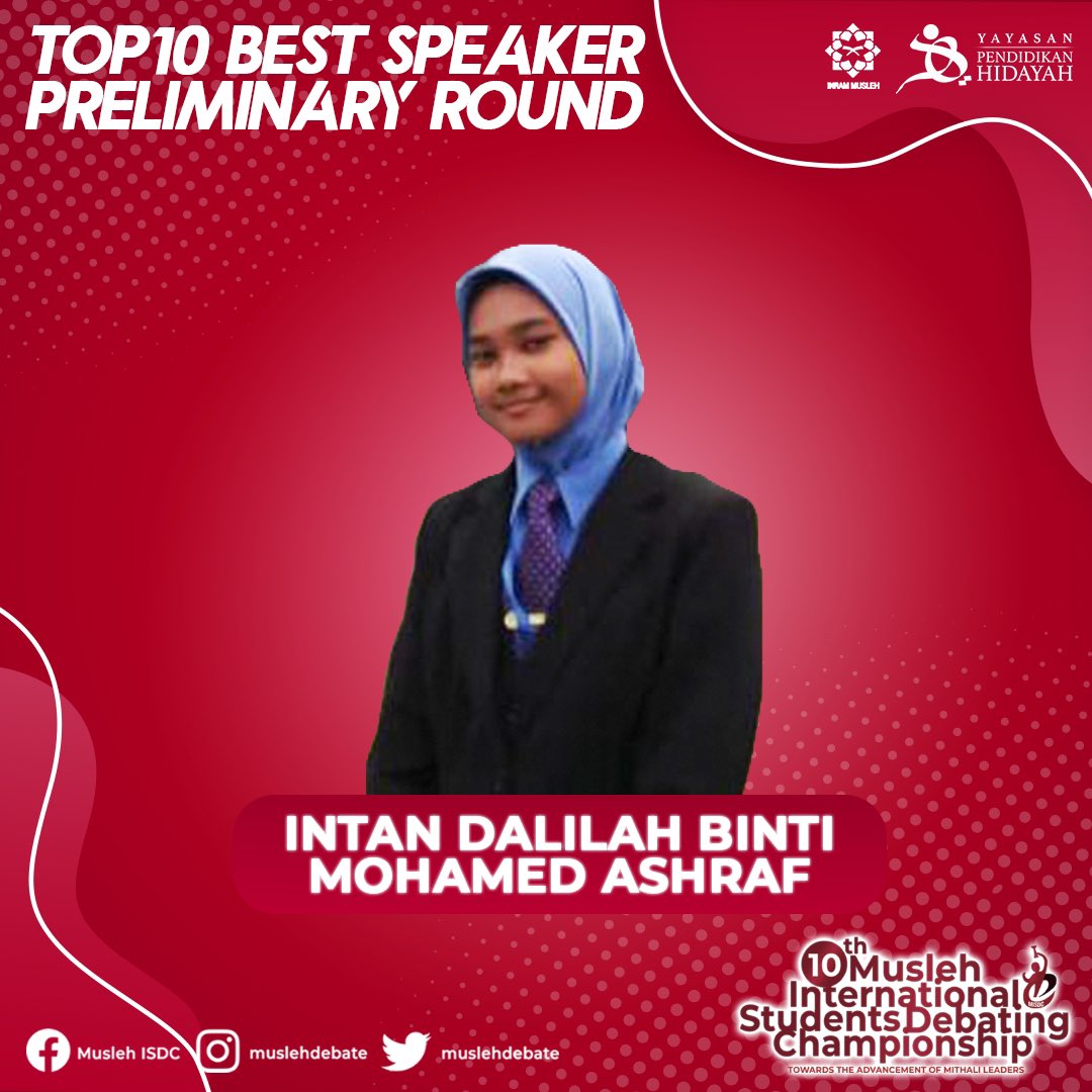 muslehdebate's tweet photo. These are the best top 10 speakers for preliminary round 🎊

Tied 1st:
1️⃣ Aliya Maisarah binti Zulkurnain (SMIH A)
1️⃣ Iyad Thaqif bin Khairudin (STAR)

Tied 3rd:
3️⃣ Muhammad Adam bin Kamarul Zaman (SDAR)
3️⃣ Intan Dalilah binti Mohamed Ashraf (BASIS)

#MISDCX #MISDC2021 https://t.co/cn05emYmlU