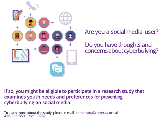 A collaborative study between @camhnews &amp; <a href="/UofT/">University of Toronto</a> is aiming to understand more from #youth about #bullying on social media - and ultimately how to change that for better #mentalhealth. Please see below if interested to learn more. <a href="/ClevKristin/">Kristin Cleverley</a> <a href="/Wiljerd/">David Wiljer</a> <a href="/Fayemi/">Faye Mishna</a> <a href="/jackdotorg/">Jack.org</a>