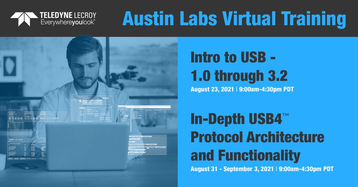 TeledyneLecroy's tweet photo. Become a #USB #protocol expert! Join #TeledyneLeCroy's #AustinLabs #USBProtocol #VirtualTrainings. Two options or register for both. 1) Intro to USB, August 23: https://t.co/5B7bh7fljm 2) #USB4, 4 day In-Depth course, August 31-September 3: https://t.co/bqmPNOppdo #LearnAnywhere https://t.co/TOVrtDmmWu