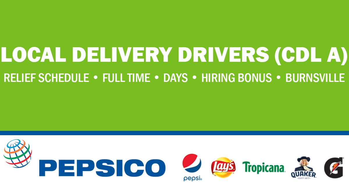 mnjobs's tweet image. PepsiCo has immediate openings for Full Time Local Delivery Drivers (CDL A - Relief Schedule)
Position: Full Time/Days
Pay: $26.85 per hour
Location: Burnsville, MN
Home every night!
Learn more and apply at mn-jobs.com/b3R
#drivingjob #mnjobs