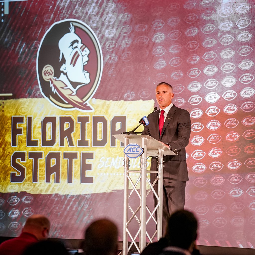 FSUFootball's tweet photo. Personally, this is our favorite quote from the @Coach_Norvell presser. 

“Coach Bowden, we love you.”

#ACCKickoff https://t.co/sVqZgeKBcL