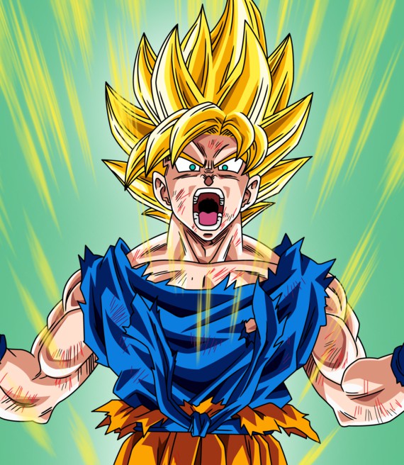A screenshot from Dragonball Z, with Son Goku transforming in a Super Saiyan, which looks like blond patches of yellow hair pointing upwards.