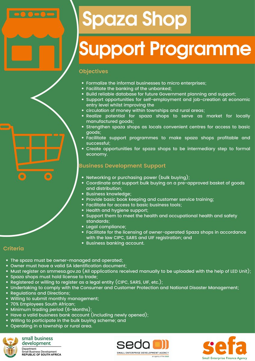 DSBD_SA's tweet photo. Spaza Shop Support Programme. 

Join the Township and Rural Entrepreneurship Programme (TREP) Webinar to get all the details on the type of support you can receive.

Date: 23 July 2021
Time:14h00-15h00
Register: https://t.co/xAC7IMetO6 https://t.co/WNFgldr46Z