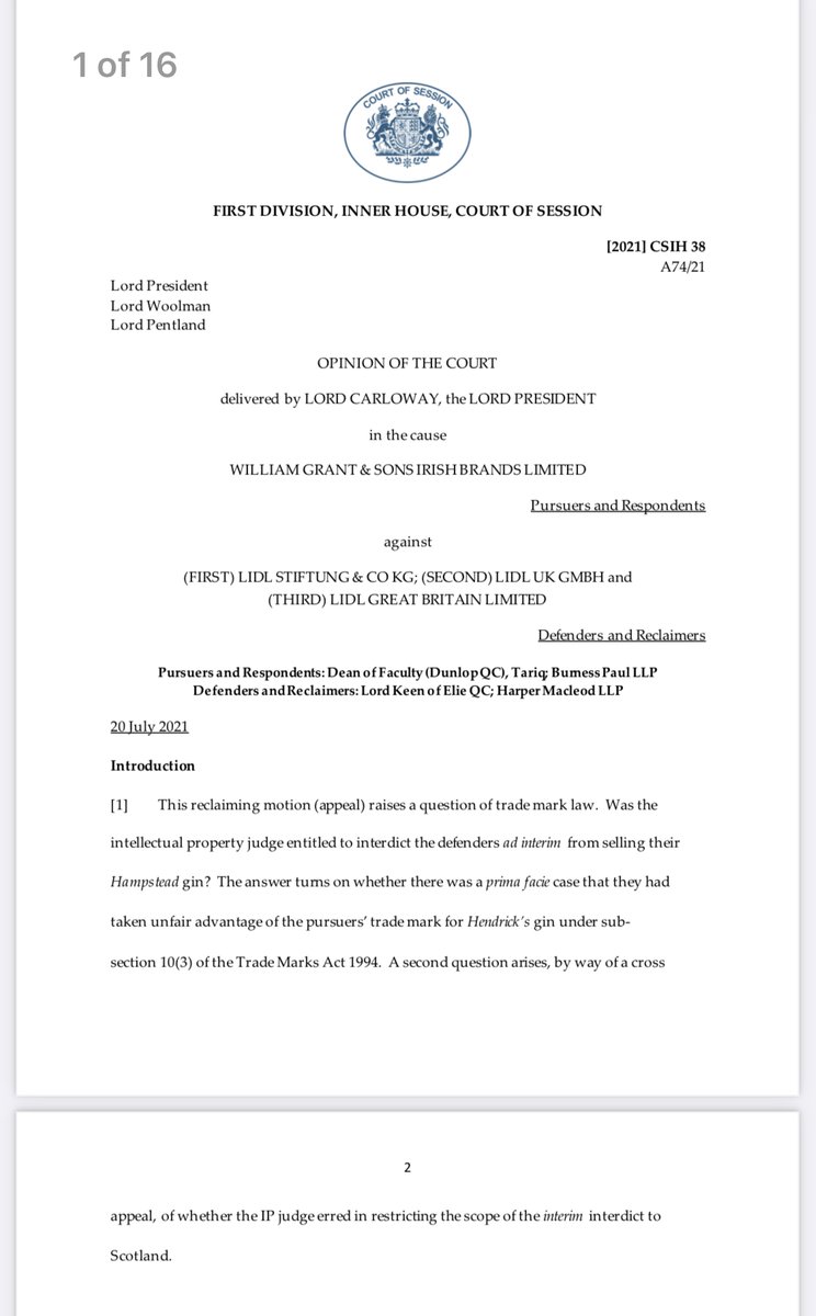 UsmanTariq's tweet image. Can the Scottish court grant UK-wide orders in intellectual property cases? The Inner House in William Grant v Lidl has said "yes" where the defender is domiciled in Scotland (e.g. place of business). It therefore extended the interim interdict from Scotland to the whole UK. 1/3