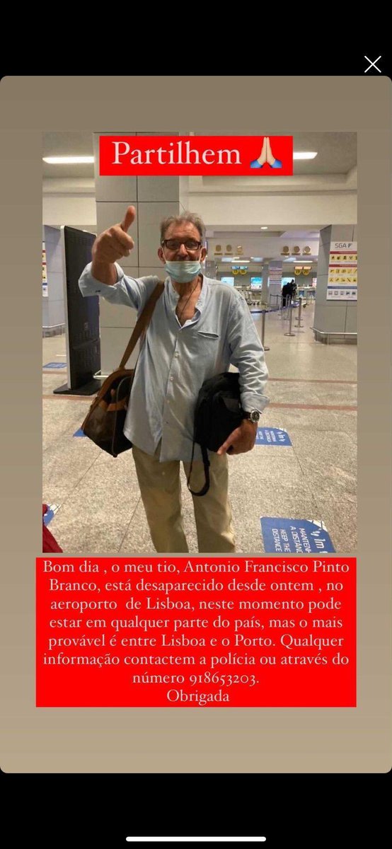 thximnotu's tweet photo. PESSOAS PRECISO QUE PARTILHEM MUITO, O MEU PAI ESTÁ DESAPRECIDO DESDE ONTEM NO AEROPORTO DE LISBOA

O NOME DELE É ANTÔNIO FRANCISCO PINTO BRANCO, 65 anos e está com uma cadela com ele chamada Dorinha https://t.co/xqljyRxm93