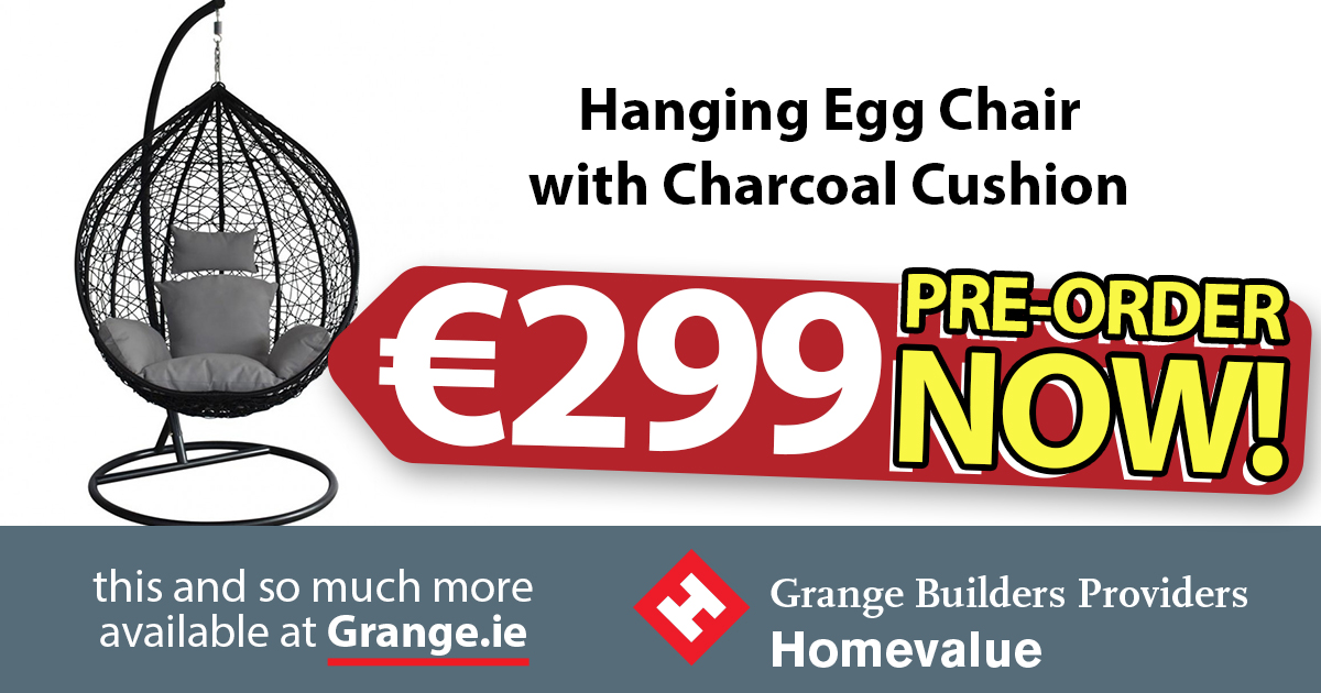 #hangingeggchair landing on Tuesday! Available for pre-order NOW—limited quantity, while stocks last #grangebuildersproviders #grangehomevalue #garden #dublin #ireland