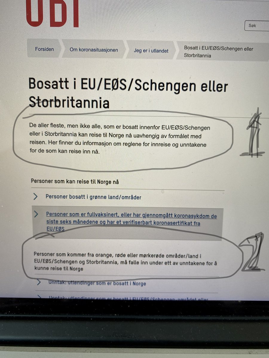 DesireeMcD's tweet photo. Først paragraf sier at bosatte i Storbritannia kan reise til Norge nå. Andre paragraf sier bosatte i Storbritannia må falle inn under ett av unntakene for å reise til Norge nå. Dette er forvirrende. #coronavirusuk @Utenriksdept https://t.co/GOycwqDnDK