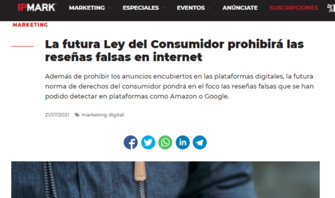 La futura Ley del Consumidor prohibirá las #reviews falsas en internet y cambiará muchas de las prácticas actuales:
ow.ly/xdM950FBhSA
<a href="/IPMARK/">IPMARK</a>
