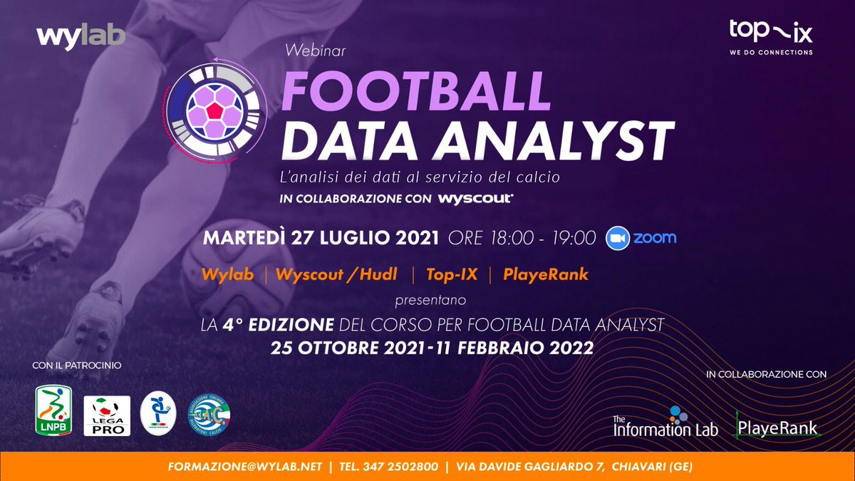 wylabincubator's tweet photo. ⚽️ “L'analisi dei dati al servizio del calcio”.
🗓️ Martedì 27 luglio, dalle ore 18 su Zoom, il webinar propedeutico e di presentazione della quarta edizione del corso di #FootballDataAnalyst organizzato da Wylab in collaborazione con @top_ix ↪️ https://t.co/vRNsIjjeEz https://t.co/gGc0QT3mxz