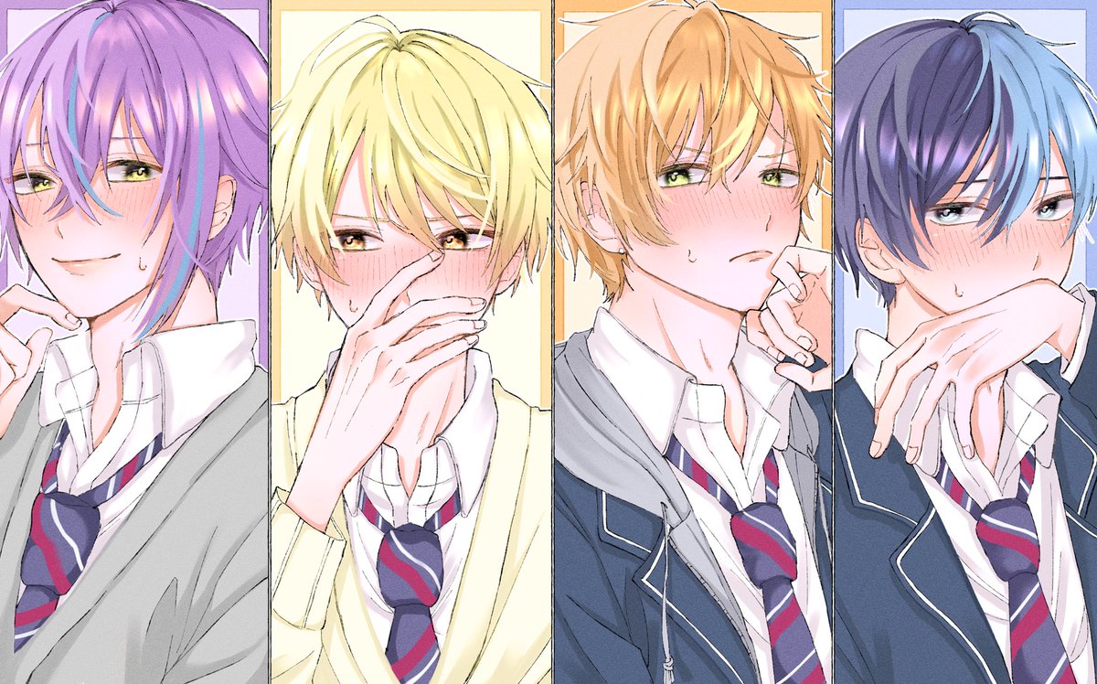 split-color hair blonde hair multiple boys male focus necktie purple hair blue hair  illustration images