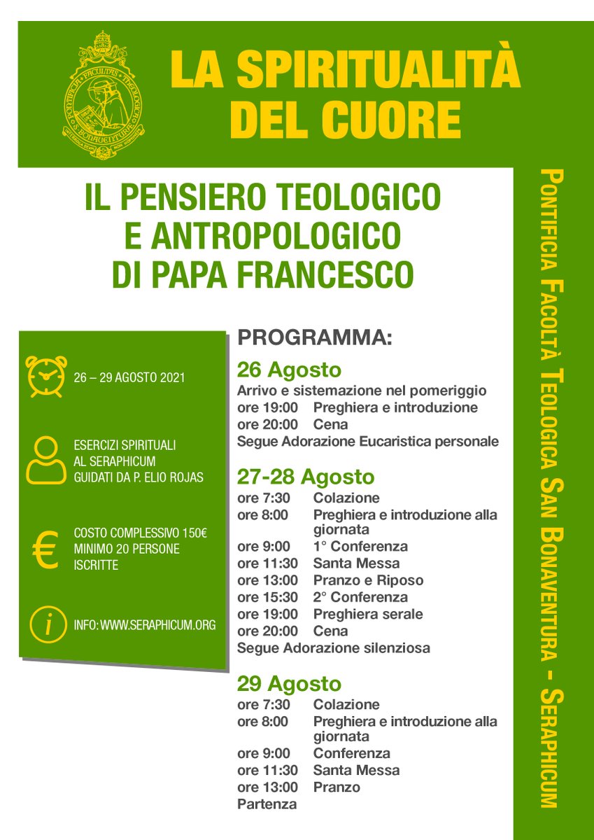 Esercizi spirituali, dal 26 al 29 agosto al Seraphicum, sul pensiero teologico e antropologico di papa Francesco. 
Per info: tel. 06 515031; email: portineria@seraphicum.org