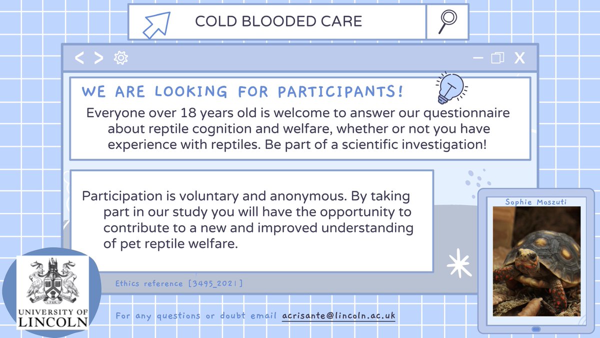 Researchers of the University of Lincoln need your help to investigate the current public perception and understanding of reptile behaviour, cognition and welfare. To take part:[unioflincoln.eu.qualtrics.com/jfe/form/SV_3I…]
#reptiles #animalcognition #ethology #survey #reptilecognition #AnimalWelfare