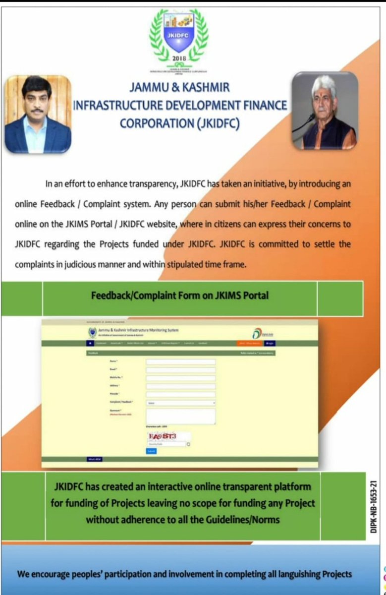 dioudhampur's tweet photo. To enhance transparency, #JKIDFC introduced New Online Complaint Management and Feedback System
@diprjk
@OfficeOfLGJandK @udhadm https://t.co/yzu21JZppS