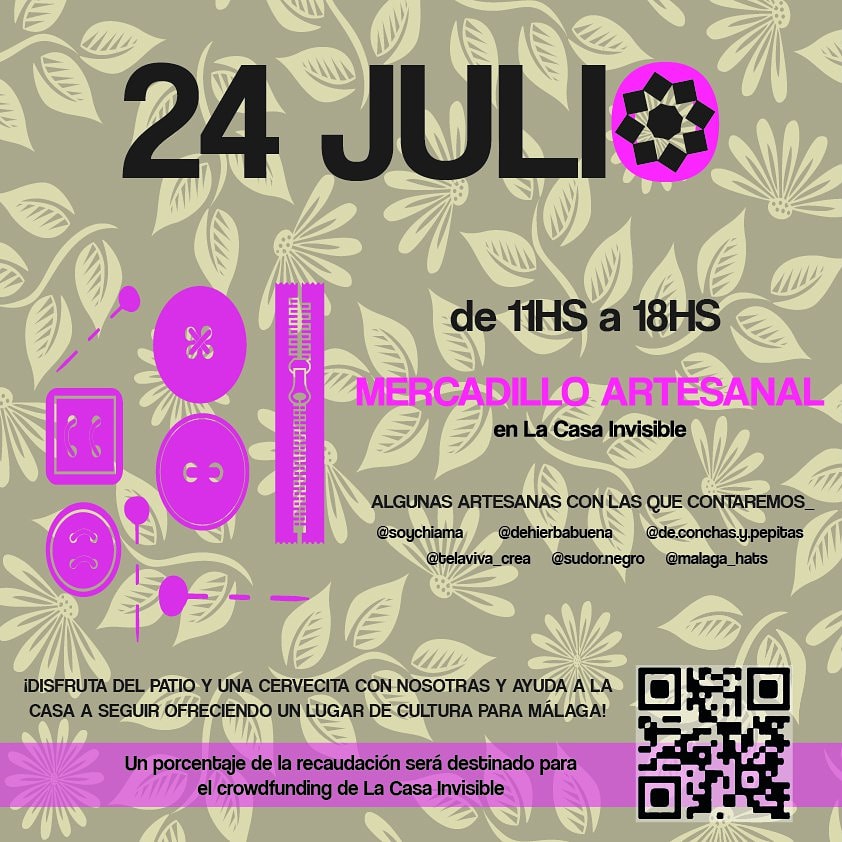 LaCasaInvisible's tweet photo. 🔥 MERCADILLO ARTESANAL

📅 Este sábado 24 de Julio vente al patio de La Invi a partir de las 11h! Encontrarás a un montón de compañeras artesanas exponiendo sus trabajos 😍

#LaInviSeCuida https://t.co/Ycs5oW6D5G