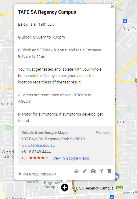 COVIDMapAU's tweet photo. Unannounced SA contact tracing location has just been added to the official website, and is now on our map.

TAFE SA Regency Campus, Monday 19th of July.

Details in photo below.

Map: https://t.co/kQNIggSTyG https://t.co/kpg7oKhEj2
