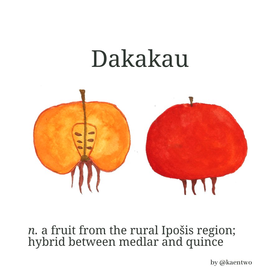kaentwo's tweet photo. The Dakakau is a hybrid between medlar and quince, traditionally cultivated in the Ipošis Region, close to the Yoyolian capital, where they are often sold on the markets.
Known for sweet flesh, often used for compote or cake.
#conworld #worldbuilding #conlang https://t.co/P5bI6SZo02