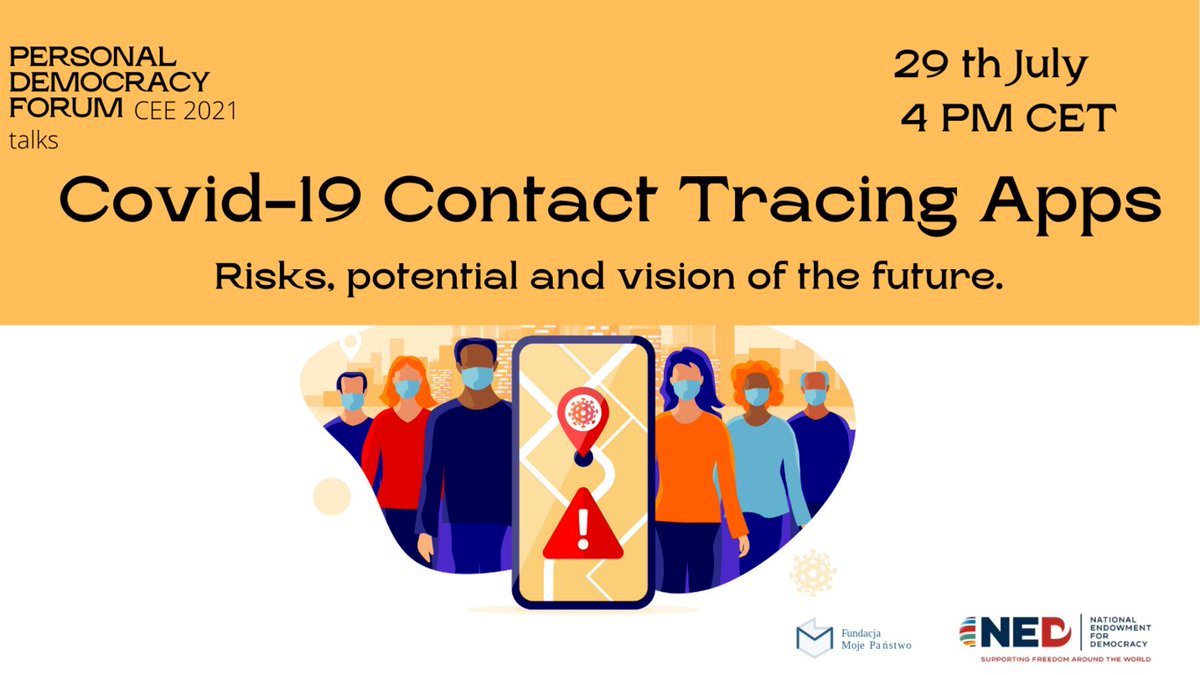 📣Join us 29th July, 4 pm CET for #PDFCEE 2021 Talks: Covid-19 contact tracing apps. Risks, potential and vision of the future.
Public response among the CEE countries and beyond
What are the recommendations for human-centric technologies?
👉Register : bit.ly/3kEMpPI