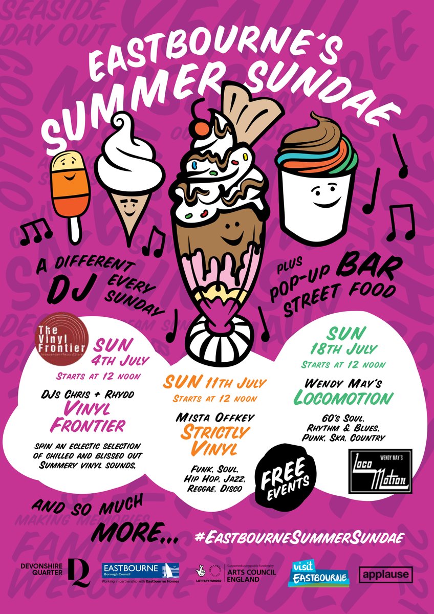 VisitEastbourne's tweet photo. It's almost time for the Eastbourne Summer Sundae Weekender! With live music, dance, interactive theatre, family friendly comedy and more, join in the fun from midday at the plaza outside @TownerGallery and @EBTheatres on 24 &amp; 25 July ☀️ https://t.co/QeTEjW5mH5
