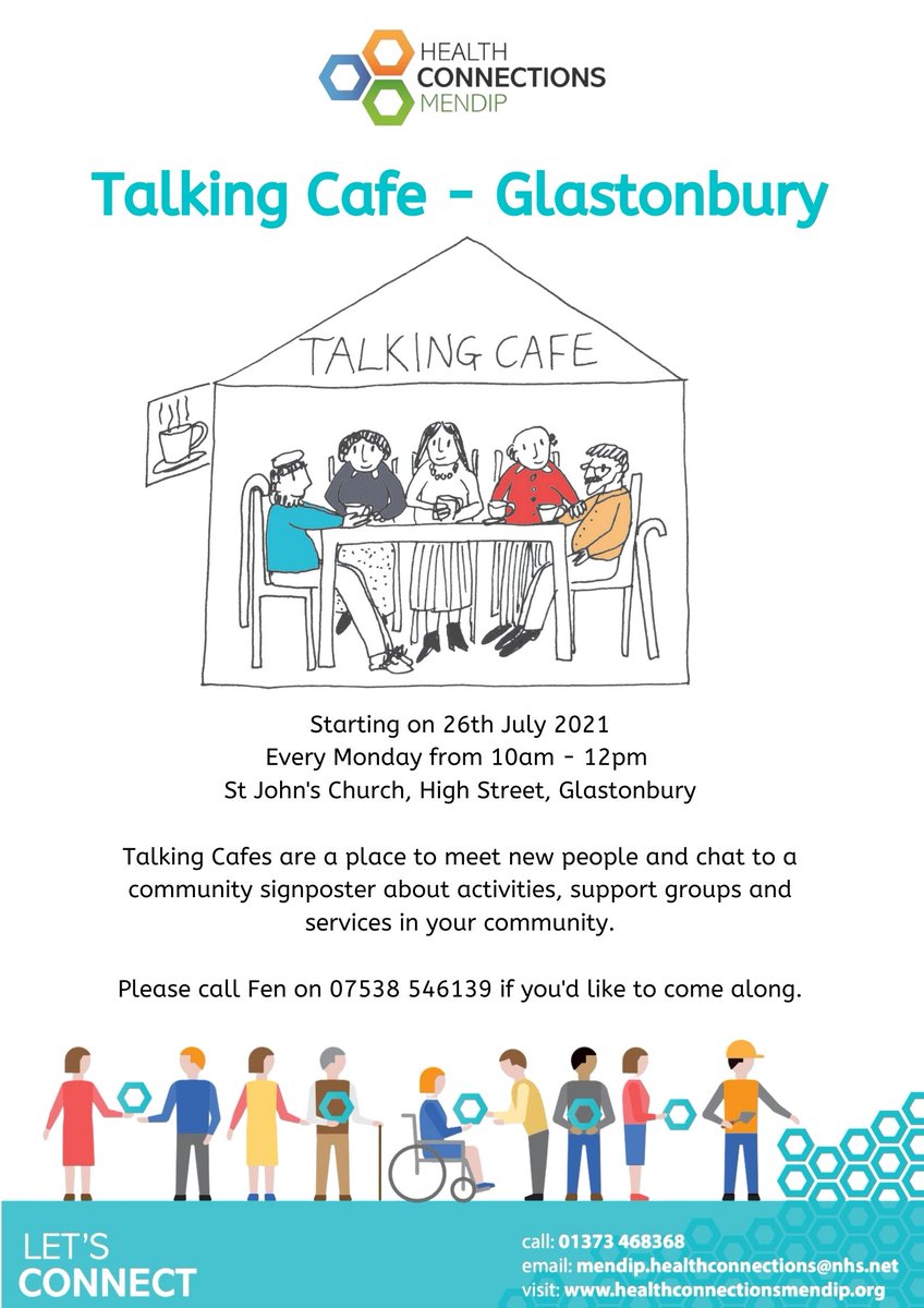 📢Glastonbury Talking Cafe is re-starting next Monday 26th July in a new venue, St John's Church, from 10am - 12pm. It's a great place to meet new people and find out about local support and services. Please spread the word!