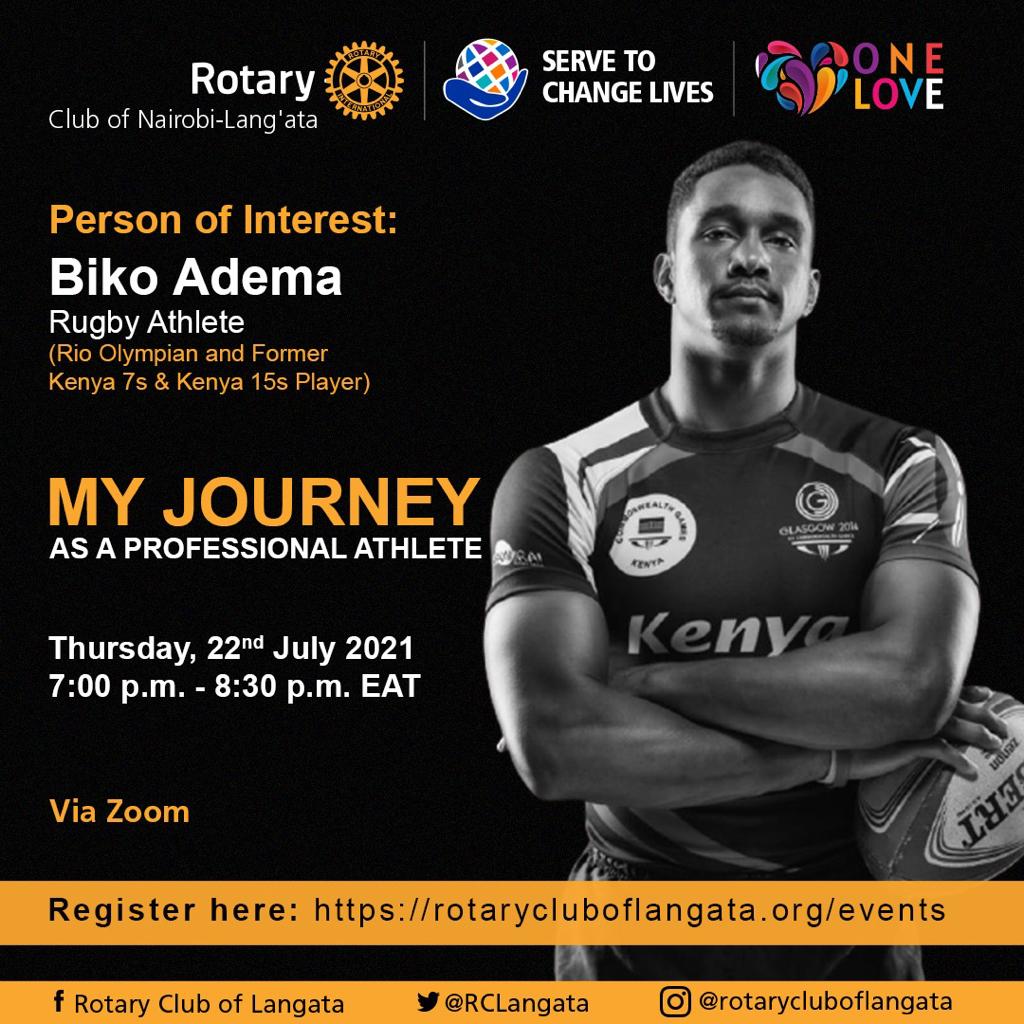 Allow me to reintroduce myself... Come listen to me this evening as I narrate my *Journey As An Athlete* and everything in between.

Date: *22nd July, 2021*
Time: *7.00pm - 8.30pm EAT*
To register for this fellowship: rotarycluboflangata.org/events