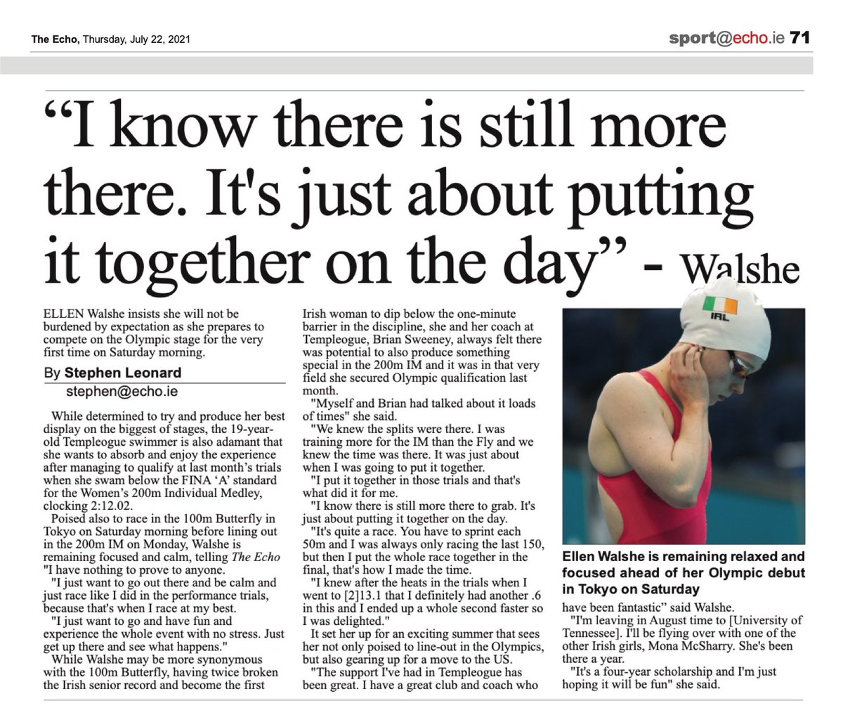 TEAMTSCSWIM's tweet image. &apos;It&apos;s just about putting it together on the day&apos; - @walsheellen
Thanks to @TheEchoOnline 
@TeamIreland @Tokyo2020 @swimireland #LocalAthlete #FunFastFearless #greatTEAM 
#thrivingClub