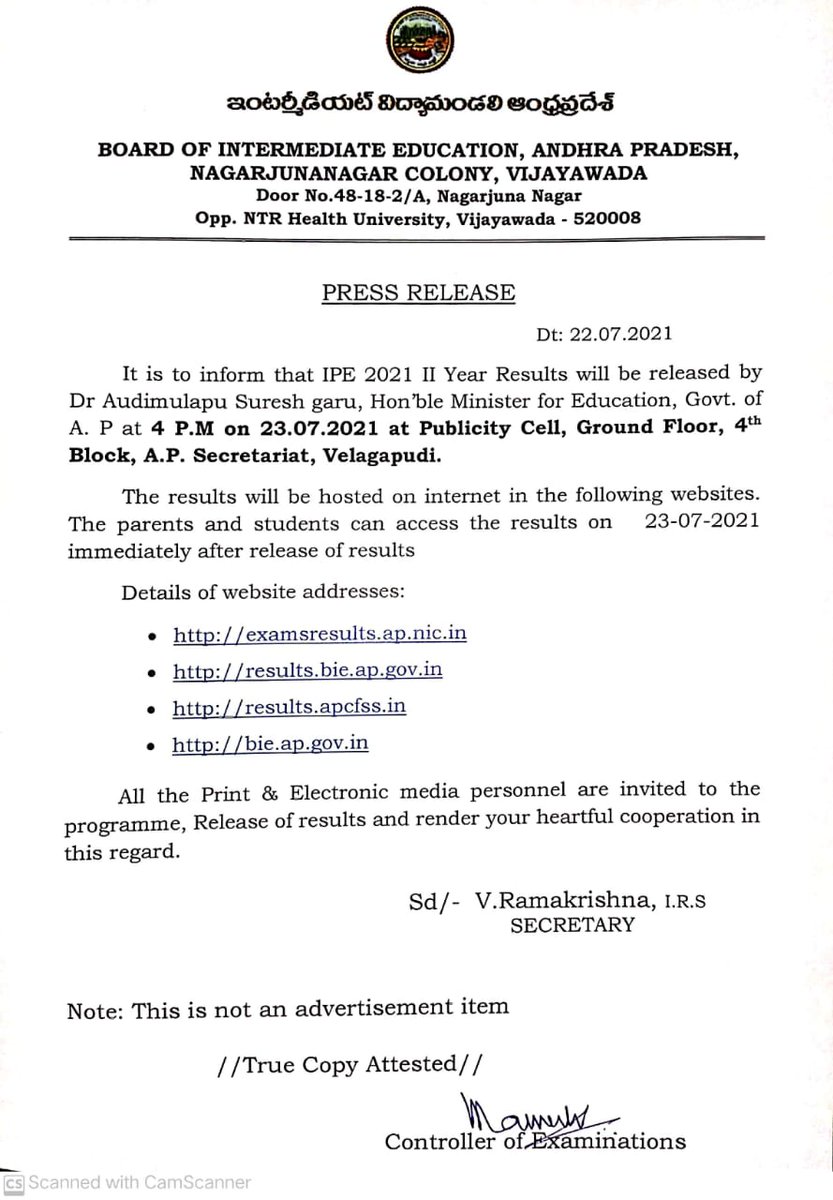 AudimulapSuresh's tweet photo. Intermediate 2nd year results 2021 will be released tomorrow by 04.00 PM.
#IntermediateResults #AudimulapuSuresh #AudimulapuVishal #CMJagan https://t.co/0ns0B3FZQn