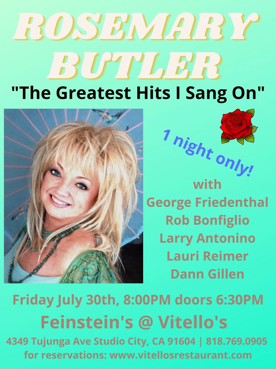 So excited to be back on stage with my great band! Los Angeles come see my new show, “The Greatest Hits I Sang On” #concert #vitellos #livemusic #rosemarybutler #classicrock #70smusic #jacksonbrowne #jamestaylor #lindaronstadt #bonnieraitt #lifeontheroad #ilovemusic