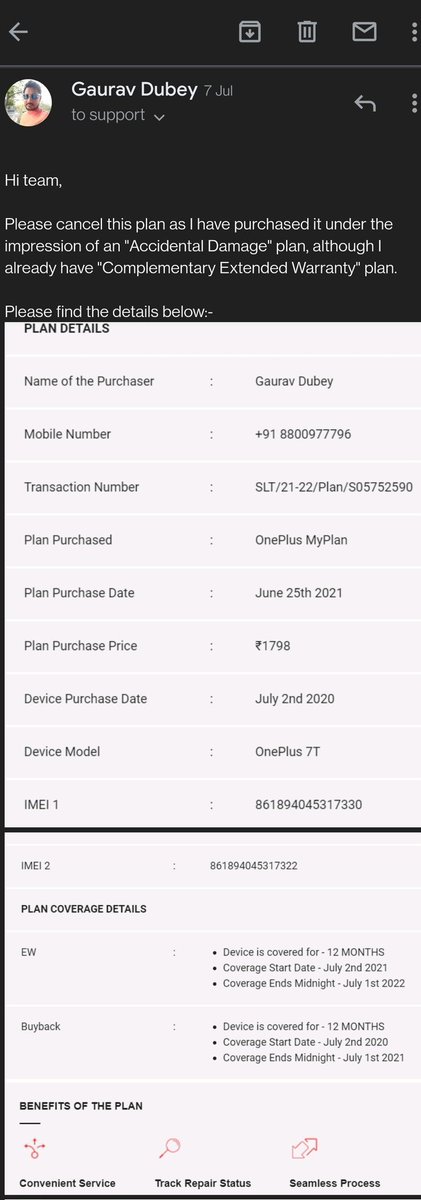 grv_optimatic's tweet photo. @OnePlus_IN @OnePlus_Support 
I have been cheated of either scam or misinformation from OnePlus support and Servify.
I initiated cancellation of a plan which I purachsed through OnePlus care app.
But after three weeks of duping OnePlus finally told me that it can't be cancelled. https://t.co/K8kLNynXMp