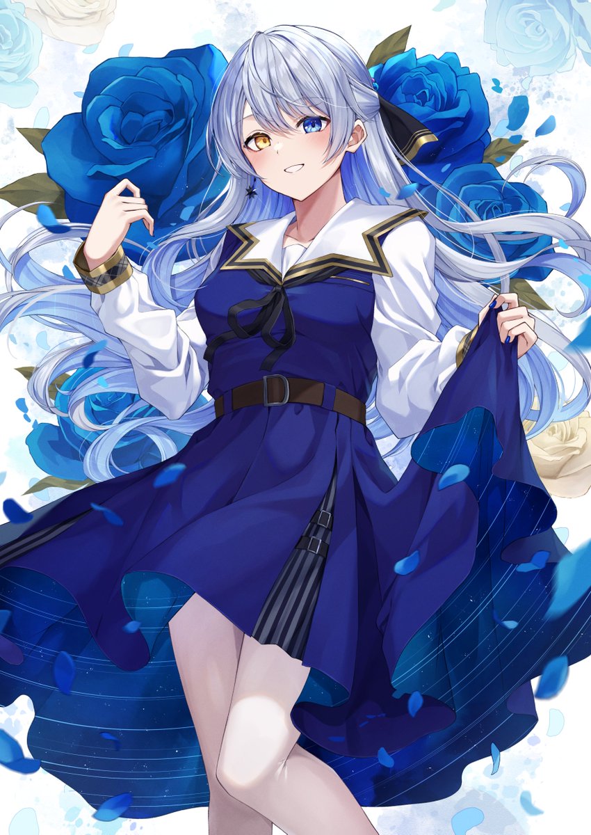 1girl solo blue flower long hair flower dress yellow eyes  illustration images