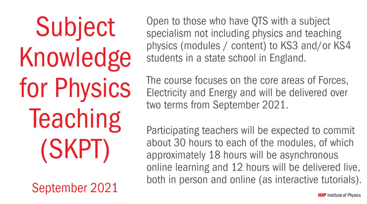 IOPTeaching's tweet photo. From Sept 21, the IOP will be running a substantial blended-learning course for science teachers within the English state sector who want to develop their physics subject knowledge and pedagogy. 

Find out more &amp; apply https://t.co/I0fDmPpsPR 

#TeachPhysics https://t.co/5hlF54zS7z