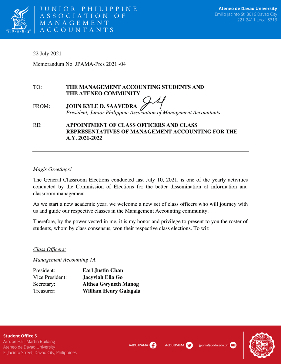 AdDUJPAMA's tweet photo. MEMO | Memo No. JPAMA-Pres 2021-04 re: Appointment of Class Officers and Class Representatives of Management Accounting for A.Y. 2021-2022

Congratulations to all Officers! May your term be fruitful and progressive. 

For your information and widest dissemination. https://t.co/2rKc82It6F