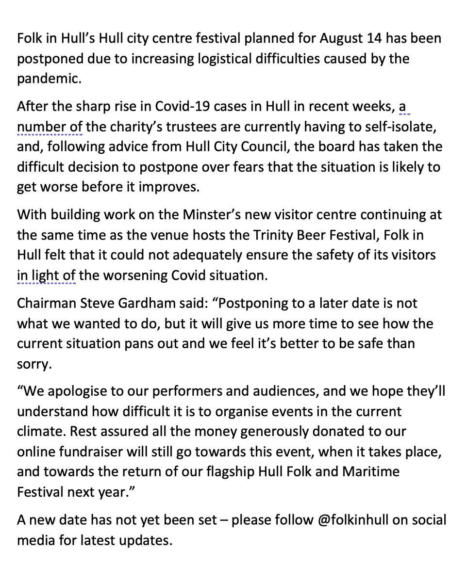 folkinhull's tweet photo. Weโre so very sorry to have to make this announcement, but weโre having to postpone our event on August 14 after advice from Hull City Council and amid the ongoing uncertainty around the pandemic. Please see full statement: https://t.co/8ehlIQ1d0X