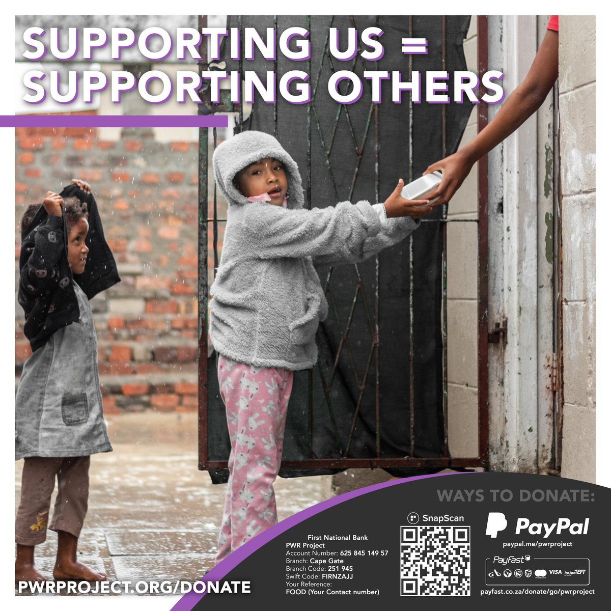 PWRProject's tweet image. Your R100 donations is an investment in providing 20 meals. Please help us, as we endeavour to provide 8 monthly feedings, across #CapeTown.

PWRProject.org/donate

#DonateNow #HelpCreateAwareness #SupportGoodCauses #SACause #SouthAfrica #CapeTownSouthAfrica #Donate #Covid19SA