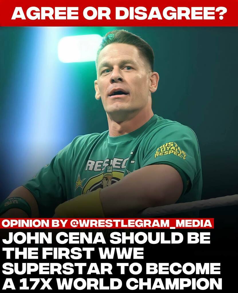 wrestlegram's tweet photo. 🤔 Agree or disagree? John Cena has won 16 world championships in WWE already, tying Ric Flair's record for most world championship wins. With a fierce battle ahead with Roman Reigns, we think it’s the time for Cena to become a record breaking champio… https://t.co/LVOGFyfqsS https://t.co/syEQzr5zYM