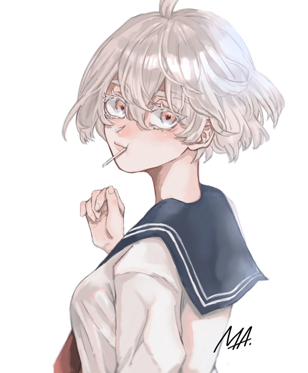 1girl solo white background short hair school uniform simple background sailor collar  illustration images